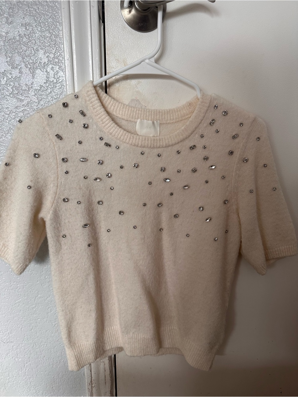 H&M Cream Short-Sleeve Sweater Top with Studded Embellishments